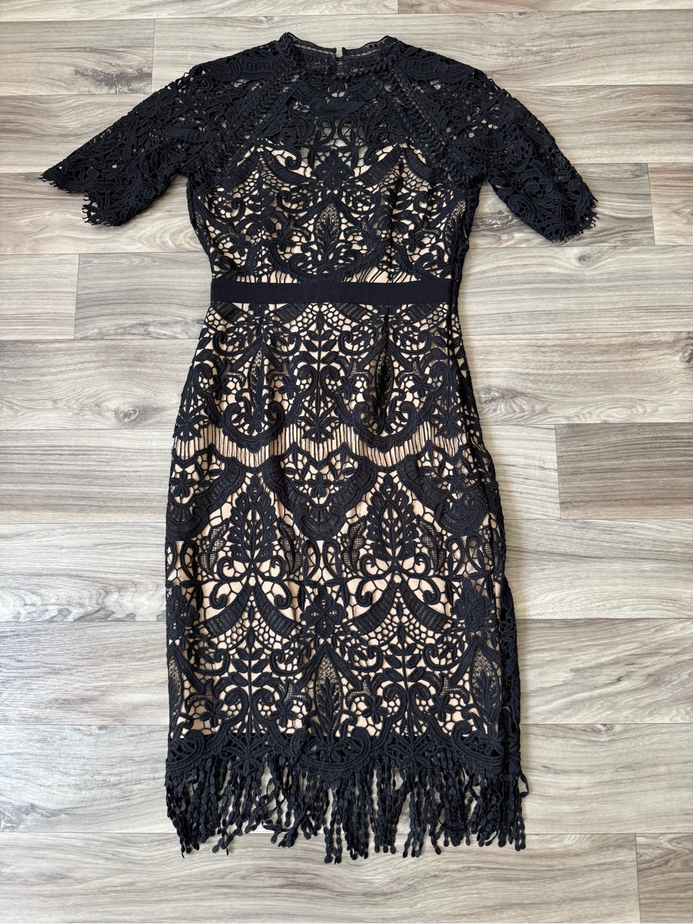 Saylor Odette Fringe Lace Dress Open Back Midi Dress Nude and Black Size XS